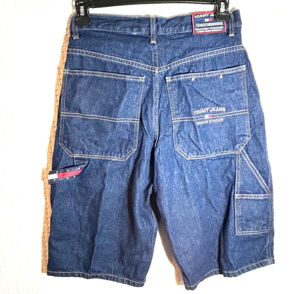 VINTAGE Y2K Tommy Hilfiger Shorts Sz 29 Blue Dark Denim Carpenter Baggy Wide Leg - Picture 2 of 14